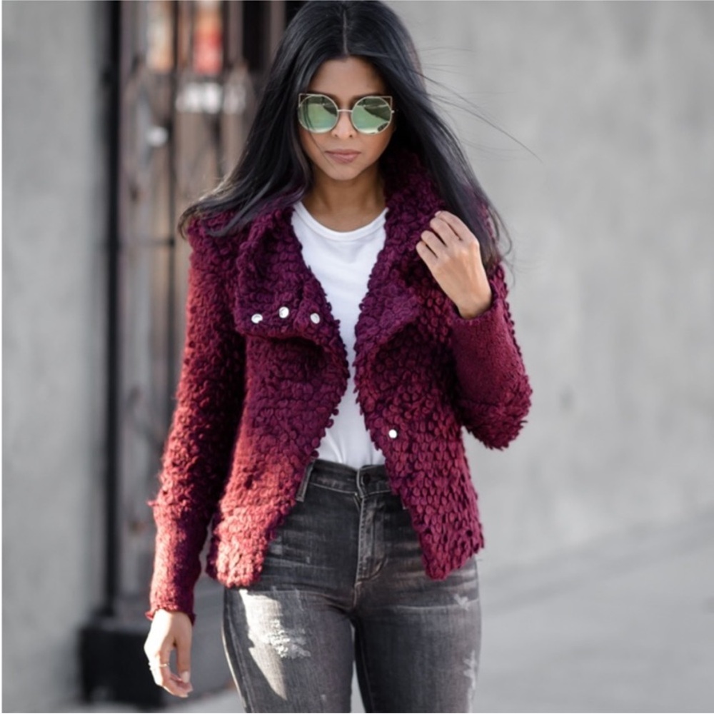 IRO Caty Knit Shaggy Teddy Wool Blend Burgundy Red Moto Jacket Size FR 36/US 4